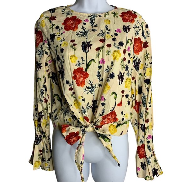 H&M Floral Bell Sleeve Crop Top 4 Beige Tie Front Key Hole Button Round Neck - Picture 1 of 5
